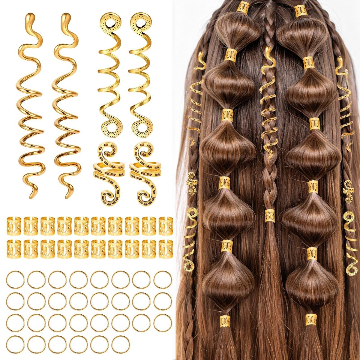 56 Pcs Gold Hair Jewelry for Braids, Gold Hair Charms Cuffs 