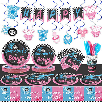 121Pcs Burnouts or Bows Gender Reveal Party Decoration Set Includes Plates Napki