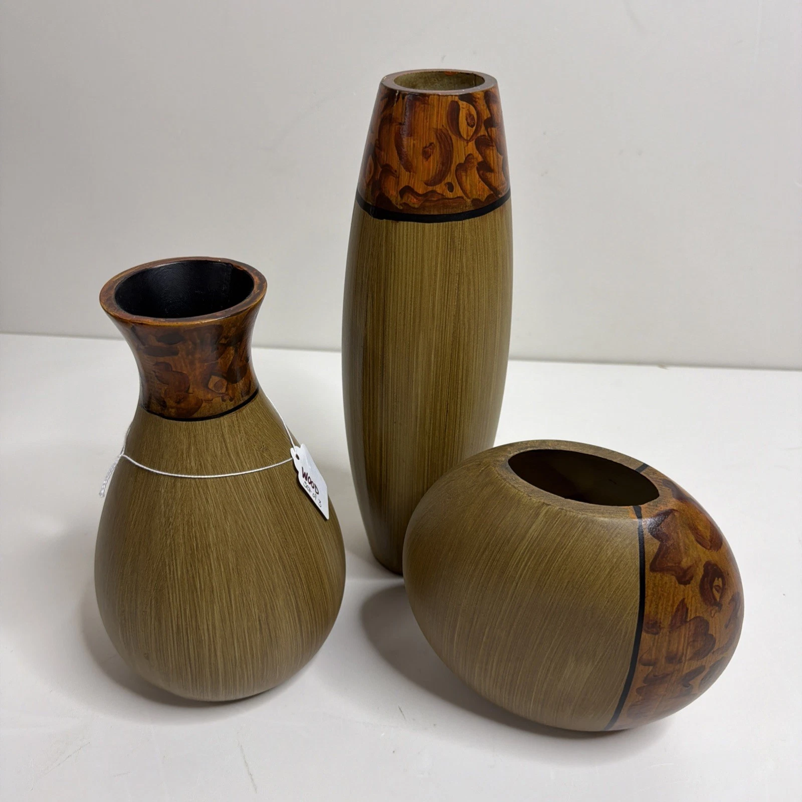 Decorative 3 piece burlwood finish vase