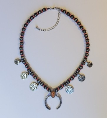 Southwestern Amber Naja Pendant Coral Beads Faux Buffalo Nickels 18in Necklace