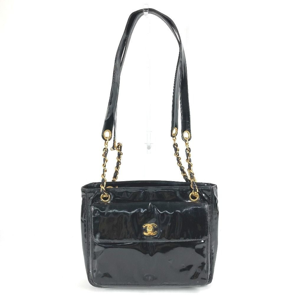 CHANEL Patent Leather Chain Tote Bag Black Gold CC Authentic