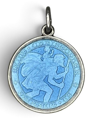 RARE Antique 1920s Charles Thomae Sterling Blue Enamel St Christopher Pendant