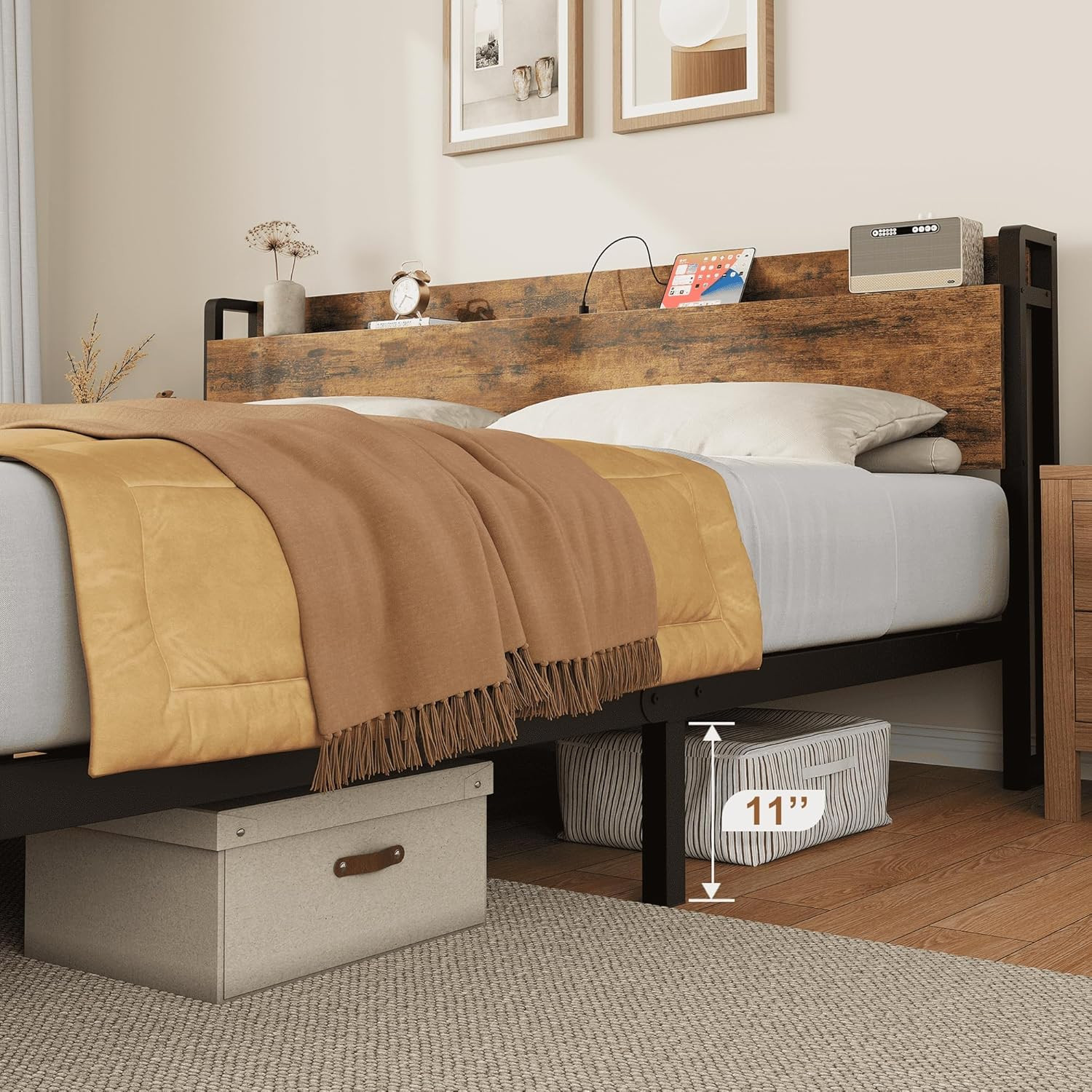 Rustic King Size Bed Frame with Storage Headboard & USB Charging Station