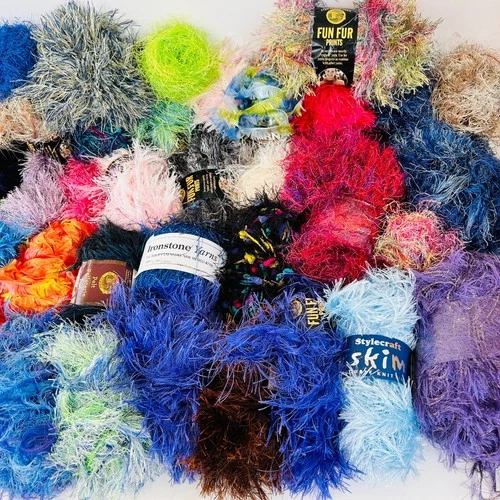 Huge Yarn Lot 40+ Balls Fun Fur Eyelash Assorted Brand Colors Craft Bulk VTG image 4