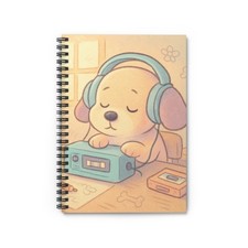 Spiral Notebook Student Journal Pastel Dog Listening To Tapes At Desk