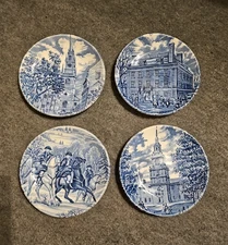 Vintage 4-pc. Liberty Blue Historic Colonial Scene 4” Butter Pats Plate Coasters