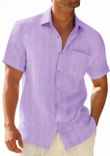 Mens Linen Short Sleeve Button Down Shirt Lig...