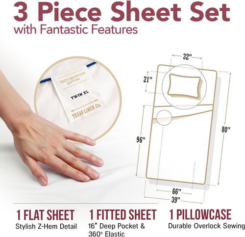 Luxury Egyptian Cotton Twin XL Sheet Set - 800 Thread Count 3 PC Blush Egyptian - Picture 5 of 8