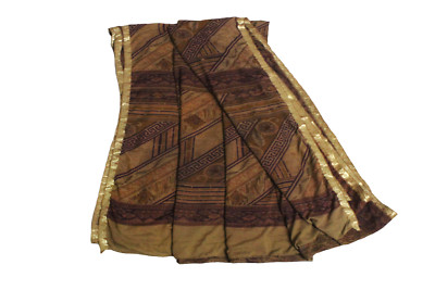 Brown Dress Sari Indian Silk Home Decor 5Y Printed Curtain Drape Sewing Saree 5Y