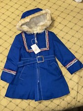 Vtg Girl Hooded Lined Zippered Canvas Blue Coat Button Down W/ Belt Size 4 NOS