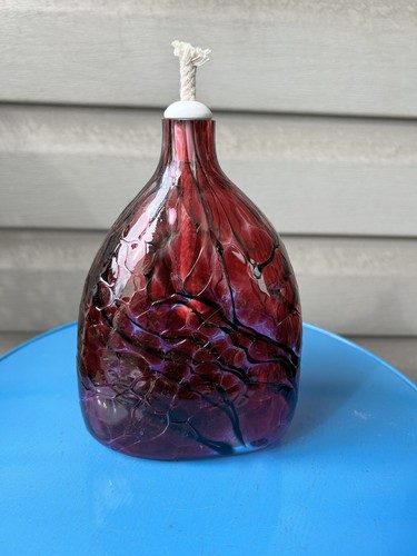 Vintage Brent Cox Pink Black Abstract Crackle Mottled Art Glass Oil Lamp 7"