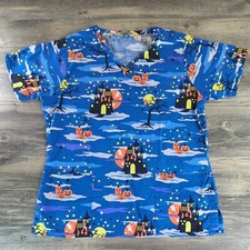 Comfy Cotton Medical Scrub Top Halloween Women's Medium Ghost Pumpkin Castle