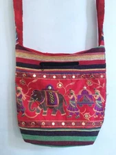 Sacred Threads Hippie Boho Festival Elephant Embroidered Peddler Hobo Bag Red