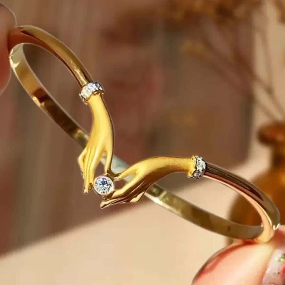 0.50 CTW Created Round Diamond 14K Yellow Gold Plated Love Hands Bangle Bracelet - Image 2 of 4