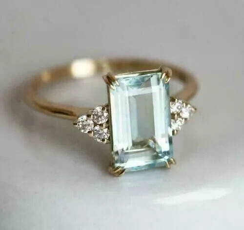 Anello di fidanzamento donna acquamarina taglio smeraldo 2 ct finitura oro giallo 14 carati (taglia 7) - Foto 3 di 5