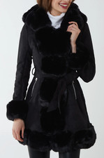 New Ladies Womens Pelted Fur Belted Jacket Fur Hood Coat Outerwear Winter Warm