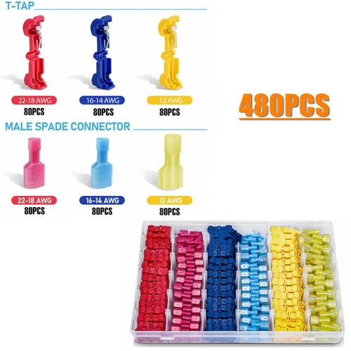480PCS Insulated T-Tap 22-10 AWG Quick Splice Wire Terminal Combo Connectors Kit - Picture 8 of 10