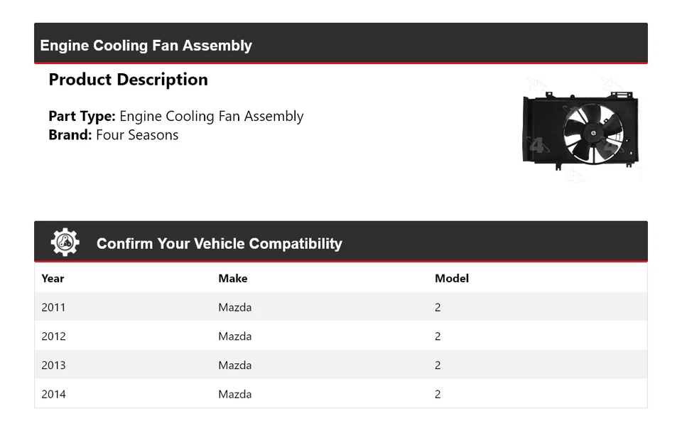 For 2011-2014 Mazda 2 Engine Cooling Fan Assembly 4 Seasons 2012 2013 - Image 2 of 4