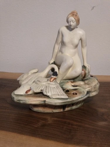 Weller Pottery 7" Muskota Leda and Swan 10 Hole Flower Arranger Factory MINT