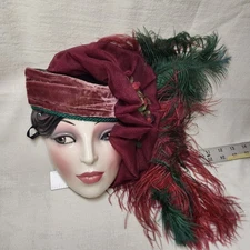 Vintage Clay Art Hand Painted Art Deco Lady Wall Mask Velvet Hat Feathers