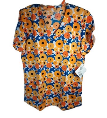 Blue and Orange Round Flowers Scrub Top S  Divine Stretch 3 Hem pockets New