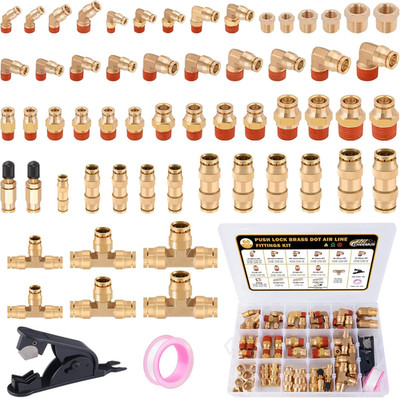 Cheemuii 60 Pcs Brass DOT Air Line Fittings Kit Push Lock DOT Air Fittings Push