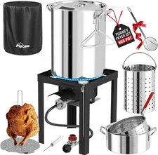 30QT Stainless Steel Turkey Fryer | Outdoor Fryer | Cover & Skimmer Included | S