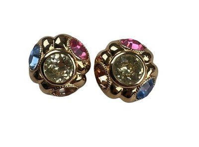 Ciner NY Mogul Pink Topaz Citrite Cabochon Rhinestone Gold Tone Clip On Earrings
