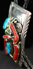 Navajo Bolo Tie; Wrought Silver Turquoise and Coral 3D Design by William Spencer