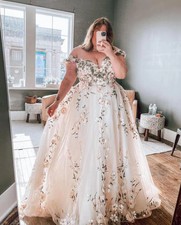 Plus Size Wedding Dress Off Shoulder Flowers Lace Applique A Line Bridal Gown