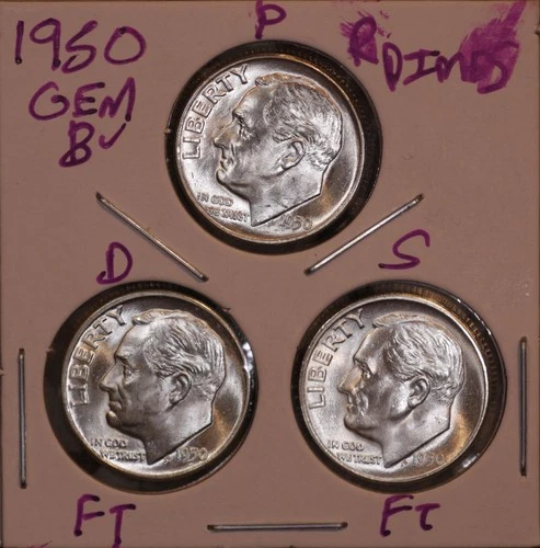 1950 P D S SILVER ROOSEVELT DIMES GEM BU D & S FULL BANDS! KEY DATES 5010531