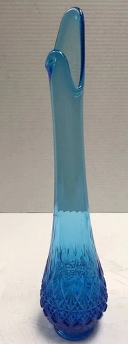 Vintage Fenton LE Smith MCM Blue Swung Glass Vase 15” Diamond Pineapple Pattern