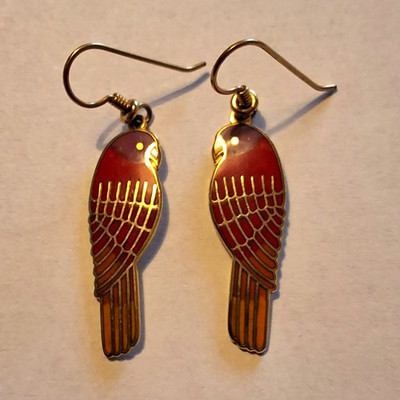 Lauren Burch Signed Parrot Bird Dangle Drop Earrings Gold Tone Red Enamel Hook