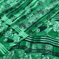 Vintage Sari Green Pure Silk Printed Saree Craft Fabric 5yd Sewing DressMaking