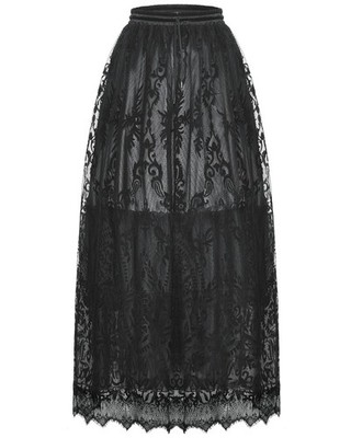 Dark In Love Damen Barock Gothic beflockt Damast Mesh Maxirock