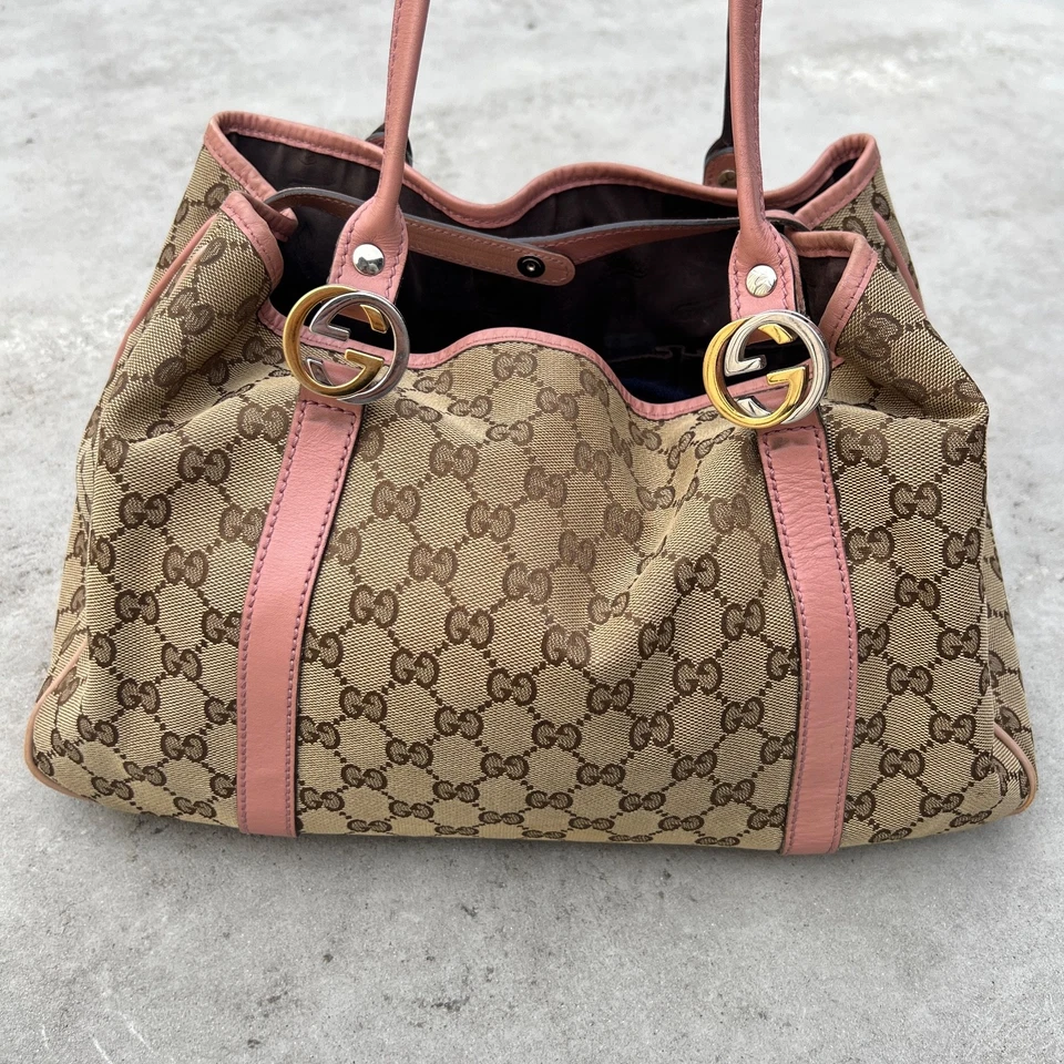 Gucci | Authentic Vintage Monogram GG Beige Canvas Pink Leather Shoulder Bag - Image 2 of 4