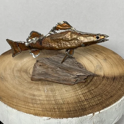 Vintage Metal Art Sculpture Fish Copper Tin On Driftwood Signed Dated