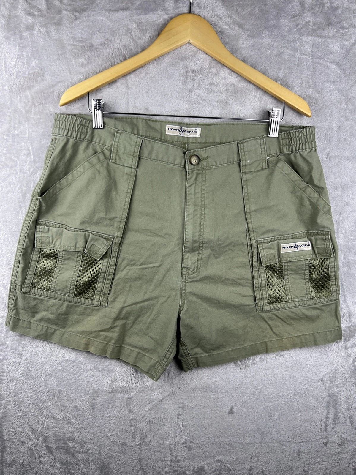 HOOK & TACKLE BAJA Mens 36 Green Cotton Cargo Pocket Outdoor Fishing Shorts