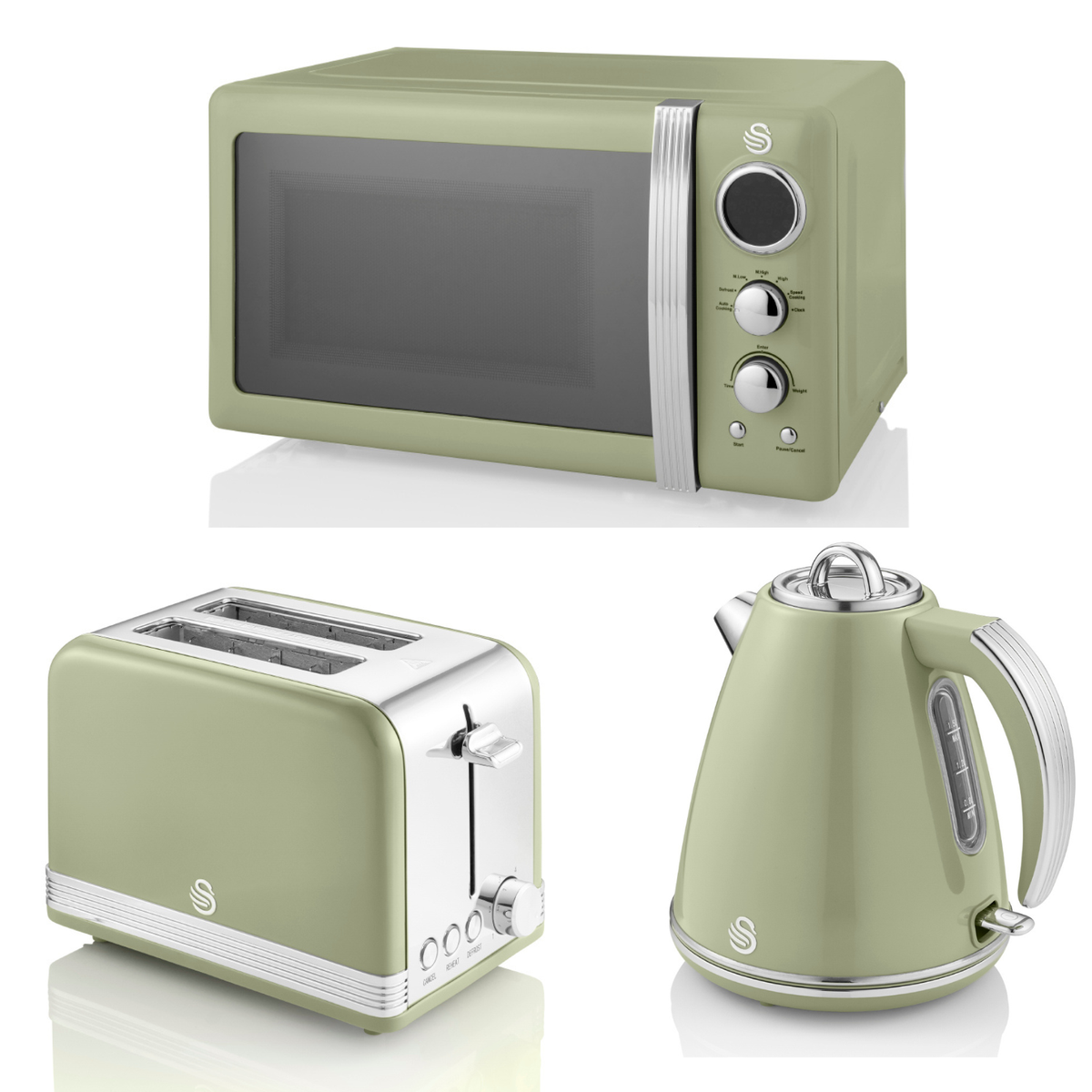 SWAN Retro Green Jug Kettle Slice Toaster Microwave Vintage Kitchen Set