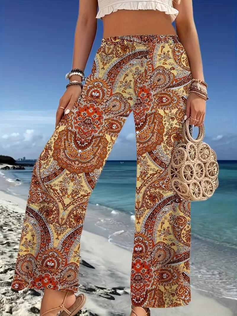 Boho Women Multicolor Paisley Print Wide Leg Pants Elastic
