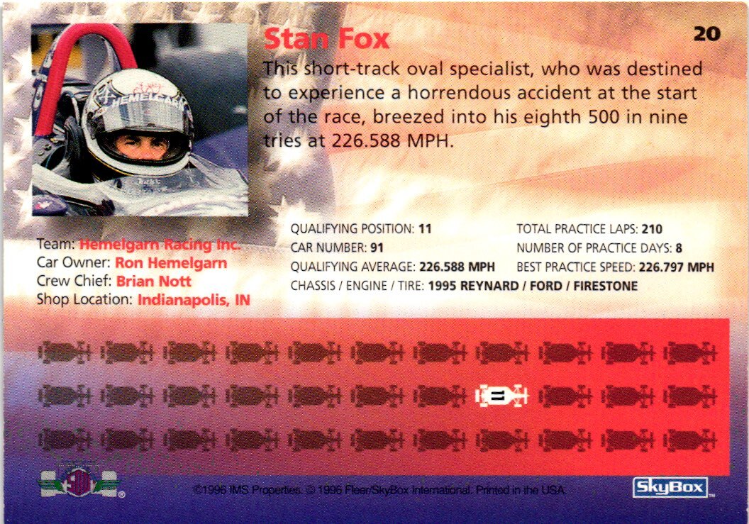 1996 Skybox Racing #20 STAN FOX Signed Autographed | eBay