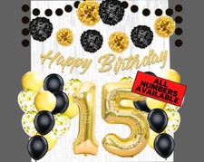Gold  Black 15th Birthday Decorations - 40" Number Balloons  More -Boy or Girl