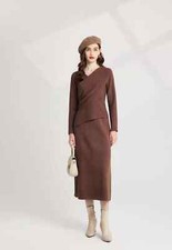 Vestito Completo Donna Set Top Cardigan Abito Tubino Marrone in Maglia 19474