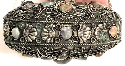Vtg Handmade Sajai Metal Purse Handbag w/ Natural Agate Stones
