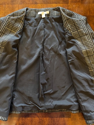 Boss Hugo Boss Jacket Women 8 Black White Wool Blend Plaid Coat Preppy Career - Picture 7 of 10