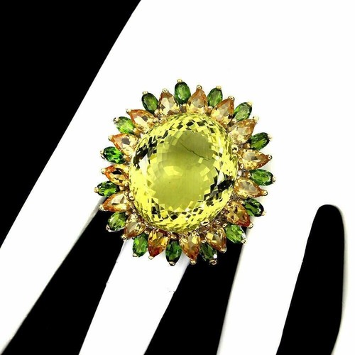 Silver Ring Lemon Quartz Citrine Chrome Diopside Genuine Gems Sterling T 1/2 - Picture 5 of 24