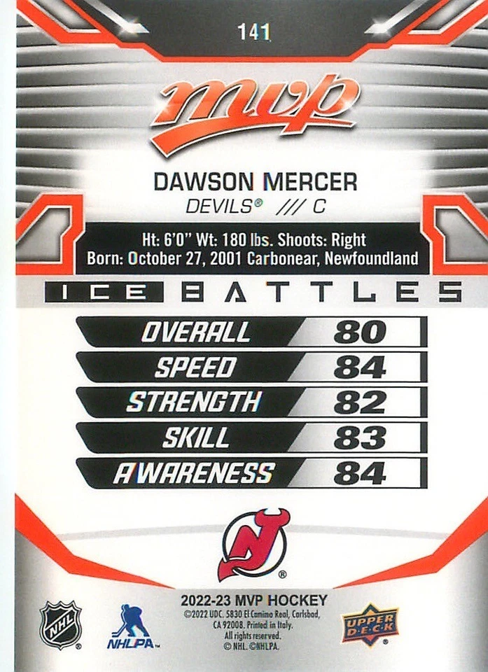 2022-23 Upper Deck MVP - #141 Dawson Mercer ICE BATTLES PARALLEL HOCKEY CARD - Image 2 of 2