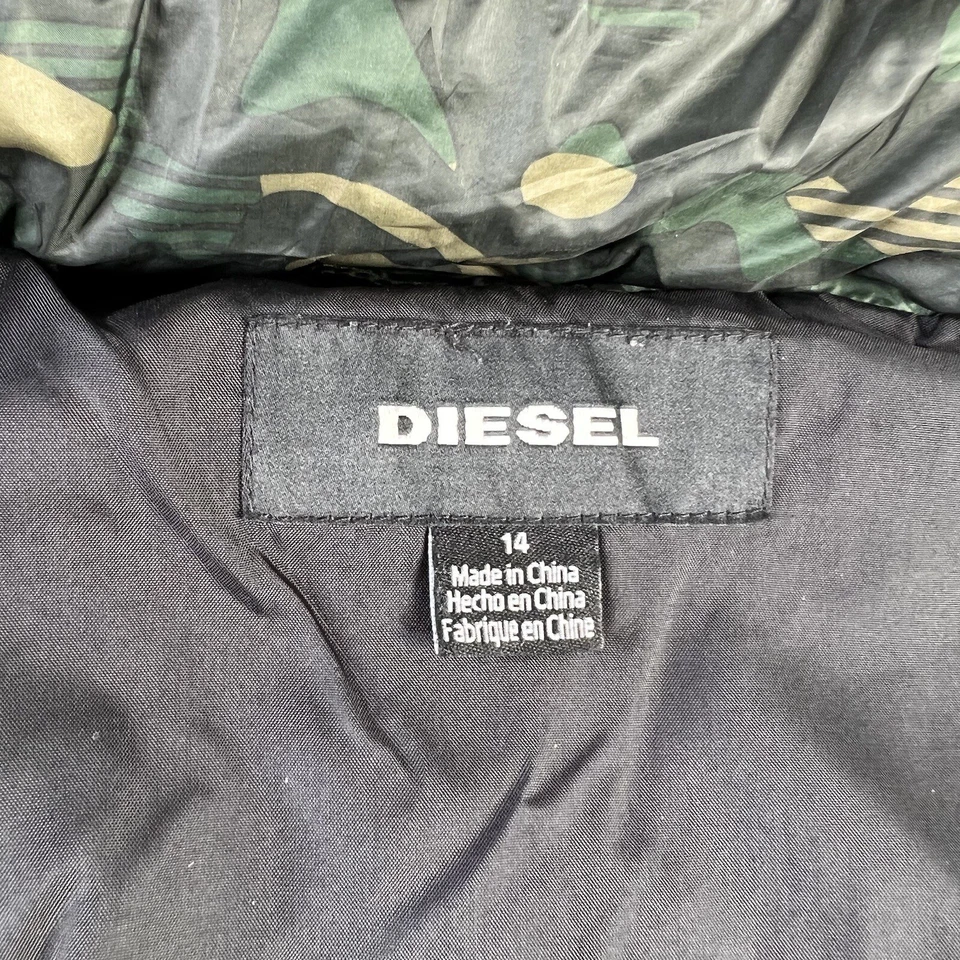 Jaqueta Diesel 14 Camuflagem Juventude Puffer Zíper Completo Snap Com Capuz Usada #34 - Imagem 2 de 4