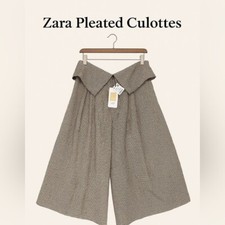 ZARA Woman Houndstooth Wide-Leg Culotte Pants XL Pleated High Rise Foldover