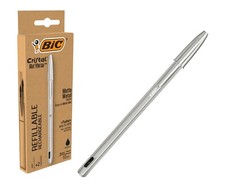 Penna ricaricabile BIC Crystal Re-New, in metallo argentato con cappuccio - Nero